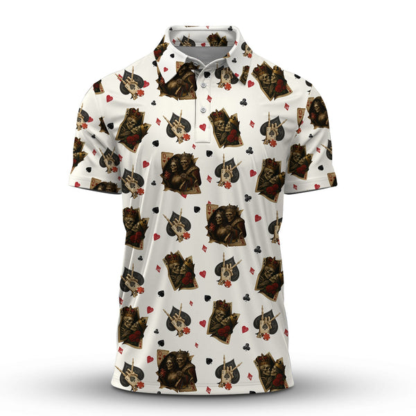 Funny Poker Playing Card Shirts For Men, Skull King & Card Suits Pattern Polos, Funny Poker Shirt