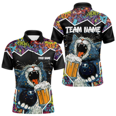 Maxcorners Custom Funny Cat Beer Bowling Jersey for Men Polo & 1/4 Zip Bowling Team Shirts LM2011