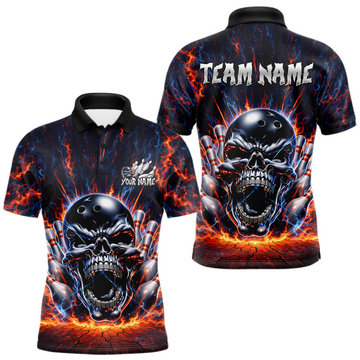 Maxcorners Custom Skull Bowling Jersey for Men - Flaming Strike Personalize Bowling Team Shirt Polo & 1/4 Zip