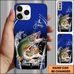 Maxcorners Pike Fishing Splash Art Blue Background Personalized Name Phone Case