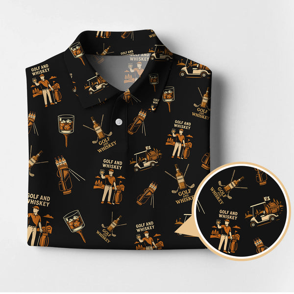 Maxcorners Pattern Golf Polos For Men, Golf And Whiskey Shirt With Retro Style For Golfers, Crazy Golf Shirt
