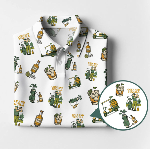 Maxcorners Golf and Tequila Pattern Golf Polos, Funny Whiskey Golf Shirt For Golfers, Golf Shirts For Men