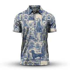 Maxcorners Pattern Golf Shirt, Dachshund Golf Shirt For Men, Toile De Jouy Shirt For Golfer