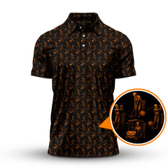 Maxcorners Halloween Skeleton Golf Shirt, Funny Pattern Golf Polos For Men, Spooky Golf Cart & Pumpkin Shirts