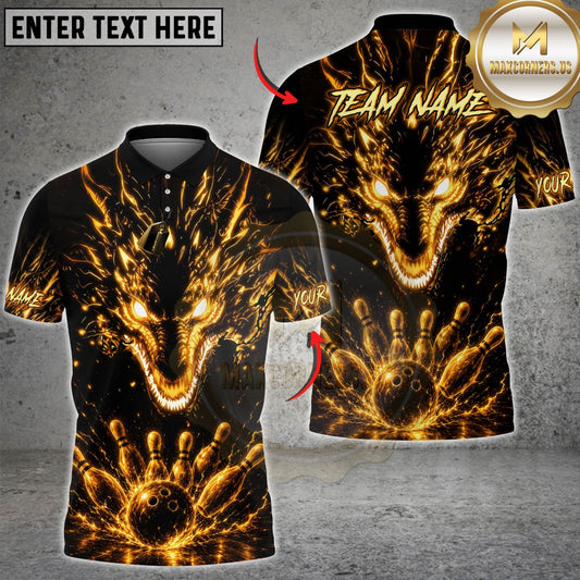 Maxcorners Bowling Golden Fire Dragon Bowling Ball And Pins Design Multicolor Customized Name, Team Name 3D Shirts
