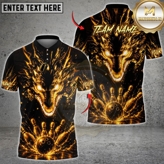 Maxcorners Bowling Golden Fire Dragon Bowling Ball And Pins Design Multicolor Customized Name, Team Name 3D Shirts