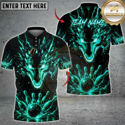 Maxcorners Bowling Golden Fire Dragon Bowling Ball And Pins Design Multicolor Customized Name, Team Name 3D Shirts