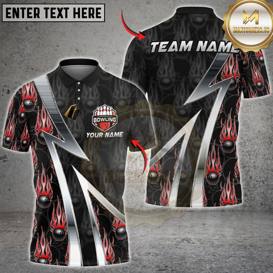 Maxcorners Bowling Fire Ball Pattern Multicolor Customized Name, Team Name 3D Shirt (4 Colors)