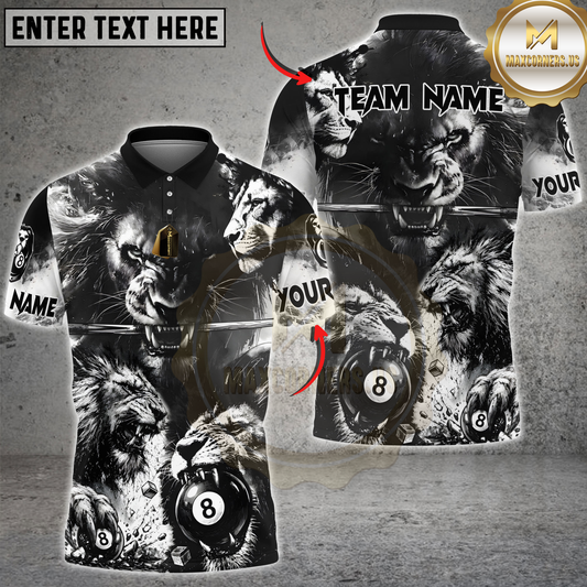 Maxcorners Black White Lion Billiard 8 Ball Personalized Name, Team Name 3D Shirt
