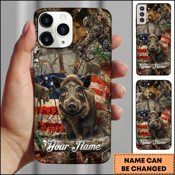 Maxcorners Wild Boar Hunting American Flag Personalized Name Phone Case