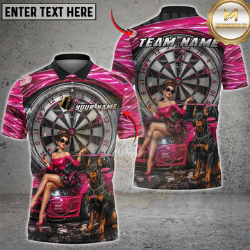 Maxcorners Dart Pink Car Luxury Girl Doberman Design Personalized Name 3D Unisex Shirt