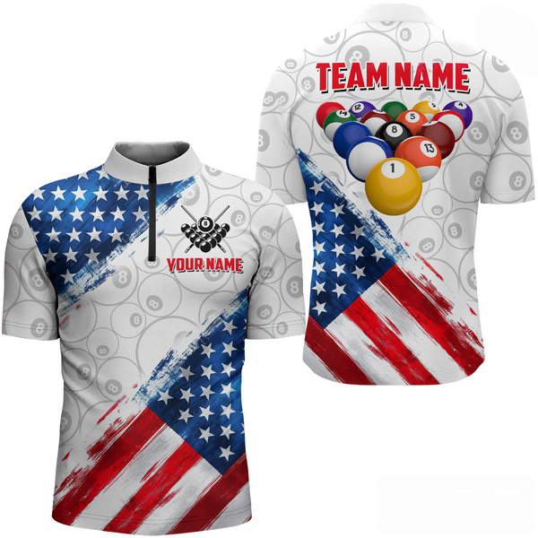 Maxcorners American Flag Personalized Billiard Team Jersey Billiard Gifts For Men Polo & 1/4 Zip Shirts LM283