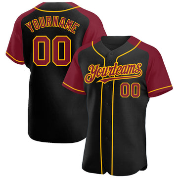 Maxcorners Custom Black Crimson-Gold Authentic Raglan Sleeves Baseball Jersey LM2605