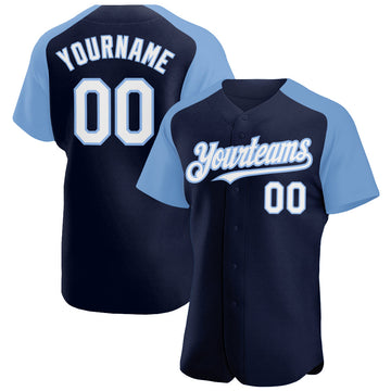 Maxcorners Custom Navy White-Light Blue Authentic Raglan Sleeves Baseball Jersey LM2605
