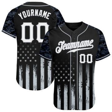 Maxcorners Custom Black White-Gray Camo Raglan Sleeves American Flag Patriotic Authentic Baseball Jersey LM2605