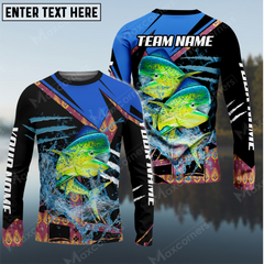 Maxcorners Mahi-Mahi Fishing Blue Brocade Pattern Sun Protection Personalized Name, Team Name Long Sleeve Shirt