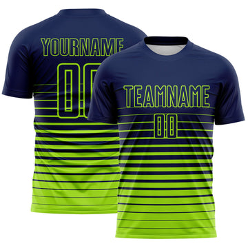 Maxcorners Custom Navy Neon Green Gradient Pinstripe Sublimation Soccer Uniform Jersey LM2605