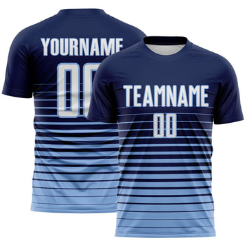 Maxcorners Custom Navy White-Light Blue Gradient Pinstripe Sublimation Soccer Uniform Jersey LM2605