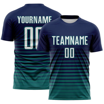 Maxcorners Custom Navy White-Teal Gradient Pinstripe Sublimation Soccer Uniform Jersey LM2605