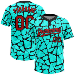 Maxcorners Custom Aqua Red-Black 3D Pattern Two-Button Unisex Softball Jersey
 LM0609