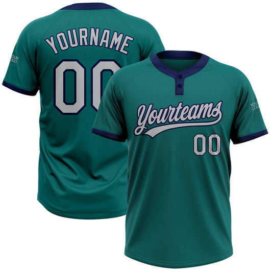 Maxcorners Custom Teal Gray-Navy Two-Button Unisex Softball Jersey LM0609