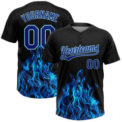 Maxcorners Custom Black Royal-Light Blue Flame 3D Pattern Two-Button Unisex Softball Jersey Shirt LM0609