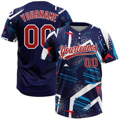 Maxcorners Custom Navy Red-White 3D Pattern Two-Button Unisex Softball Jersey
 LM0609