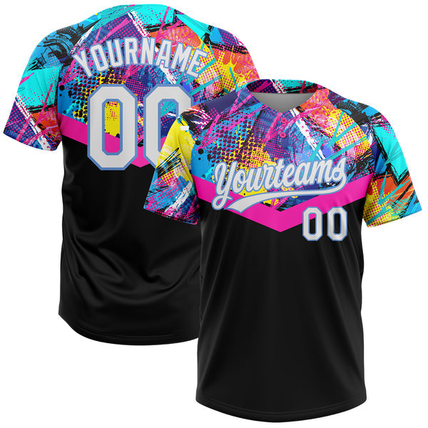 Maxcorners Custom Black White-Light Blue 3D Pattern Two-Button Unisex Softball Jersey
 LM0609