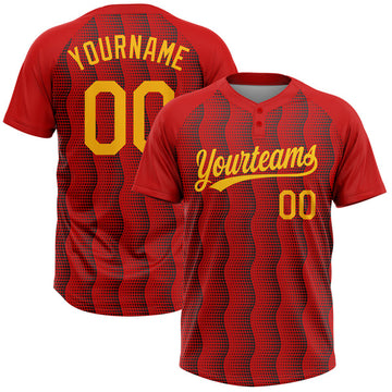 Maxcorners Custom Red Gold-Black 3D Pattern Two-Button Unisex Softball Jersey LM0609