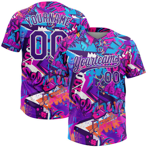 Maxcorners Custom Graffiti Pattern Purple-White 3D Bright Psychedelic Two-Button Unisex Softball Jersey LM0609