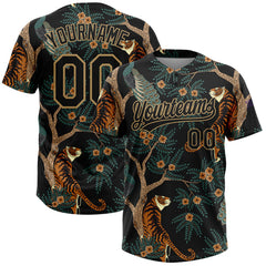 Maxcorners Custom Black Old Gold 3D Pattern Tiger And Peacock Two-Button Unisex Softball Jersey
 LM0609