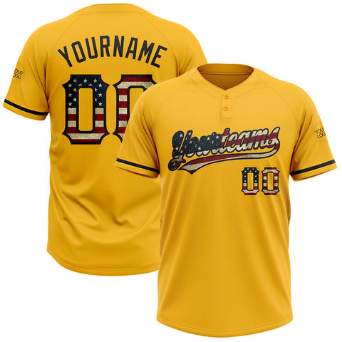Maxcorners Custom Gold Vintage USA Flag-Black Two-Button Unisex Softball Jersey LM0609