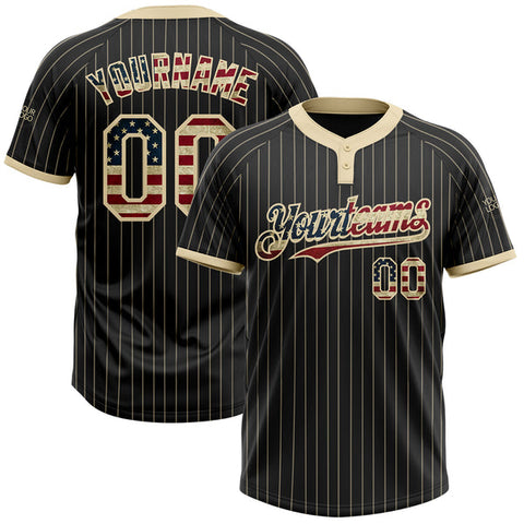 Maxcorners Custom Black Cream Pinstripe Vintage USA Flag Two-Button Unisex Softball Jersey LM0609