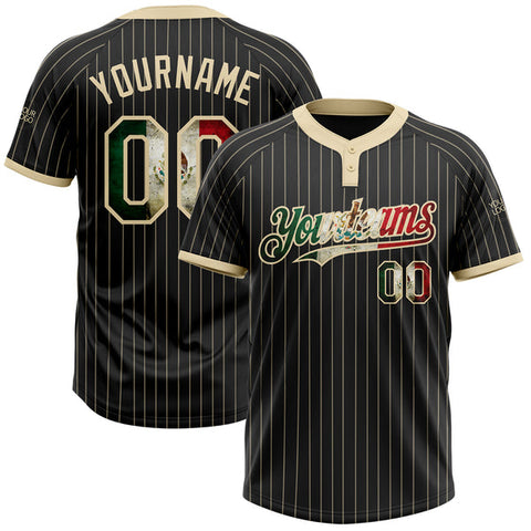 Maxcorners Custom Black Cream Pinstripe Vintage Mexican Flag Two-Button Unisex Softball Jersey LM0609