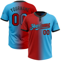 Maxcorners Custom Sky Blue Red-Black Gradient Fashion Two-Button Unisex Softball Jersey
 LM0609