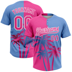 Maxcorners Custom Pink Light Blue-White 3D Pattern Hawaii Coconut Trees Two-Button Unisex Softball Jersey
 LM0609