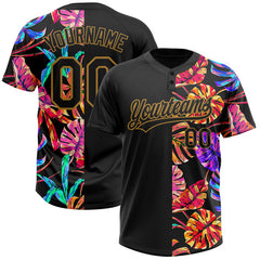 Maxcorners Custom Black Old Gold 3D Pattern Hawaii Tropical Palm Leaves Two-Button Unisex Softball Jersey
 LM0609