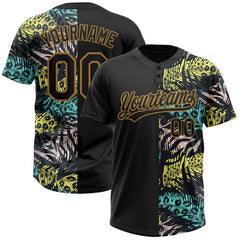 Maxcorners Custom Black Old Gold 3D Pattern Hawaii Tropical Palm Leaves With Animal Print Two-Button Unisex Softball Jersey
 LM0609