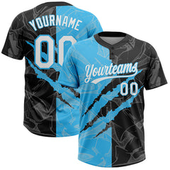 Maxcorners Custom Graffiti Pattern White Black-Sky Blue 3D Scratch Two-Button Unisex Softball Jersey LM0609