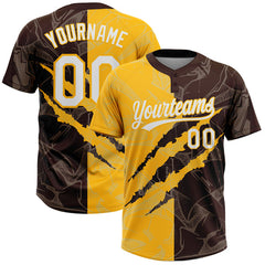 Maxcorners Custom Graffiti Pattern White Brown-Gold 3D Scratch Two-Button Unisex Softball Jersey LM0609