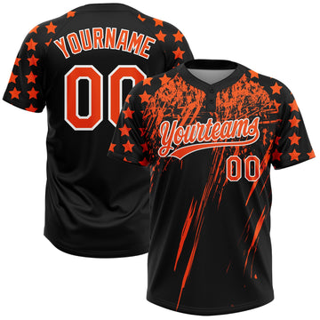 Maxcorners Custom Black Orange-White Distressed Scratch Brush Stroke Star Raglan Sleeves Two-Button Unisex Softball Jersey LM2605