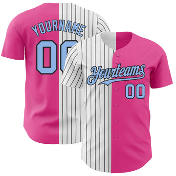 Maxcorners Custom Pink Light Blue-Black Pinstripe Authentic Split Fashion Baseball Jersey LM2605