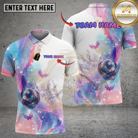 Maxcorners Bowling Magic Butterflies Cosmic Galaxy Pastel Pink Blue Multi Options Personalized Name, Team Name Unisex 3D Shirt (4 Colors)
