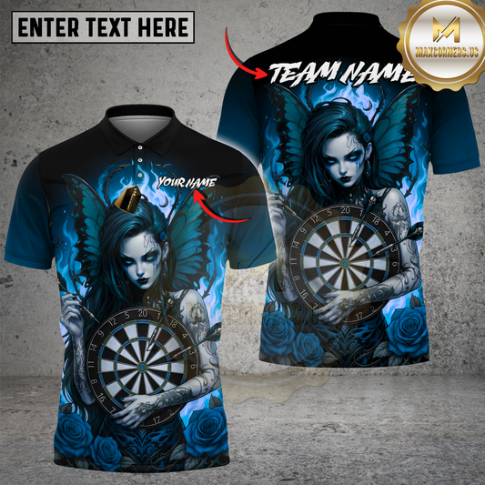 Maxcorners Dartboard Dark Gothic Fairy Girl Purple Wings Red Roses Multi Options Personalized Name, Team Name Unisex 3D Shirt (3 Colors)