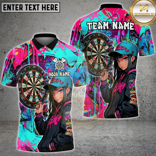 Maxcorners Darts Anime Girl Neon Graffiti Multicolor Options Personalized Name, Team Name 3D Shirt (4 Colors)