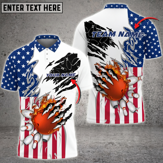 Maxcorners Bowling Shirt Flaming Strike USA Flag Multicolor Options Personalized Name, Team Name 3D Shirt