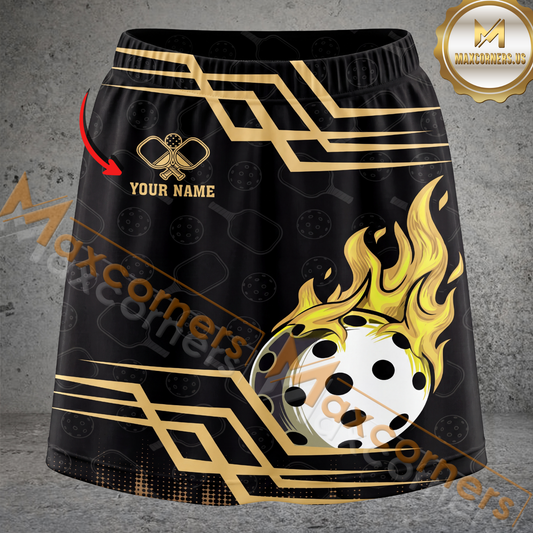 Maxcorners Pickleball Flaming Ball Gold Accent Multicolor Options Personalized 3D Skort