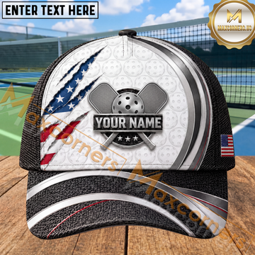 Maxcorners Pickleball Metallic Badge Ripped American Flag Personalized Name 3D Cap