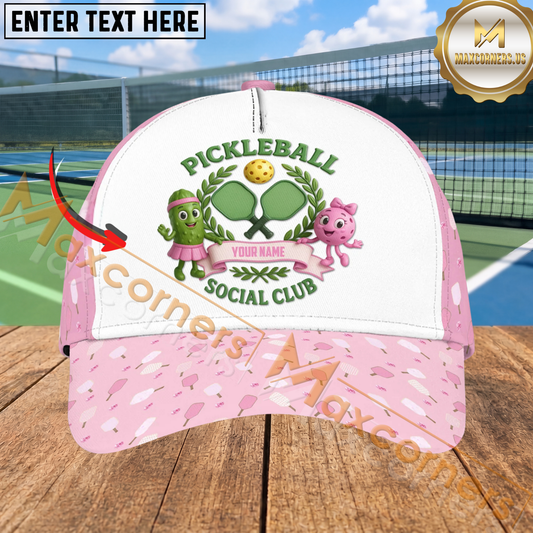 Maxcorners Pickleball Social Club Cute Pickle Characters Pink Personalized Name 3D Cap