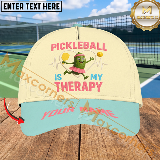 Maxcorners Pickleball Is My Therapy Cute Pickle Character Personalized Name 3D Cap